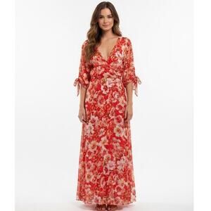 Kate & Lily Floral Orange V Neck Maxi Dress 10 Summer Boho Cottage Resort Spring